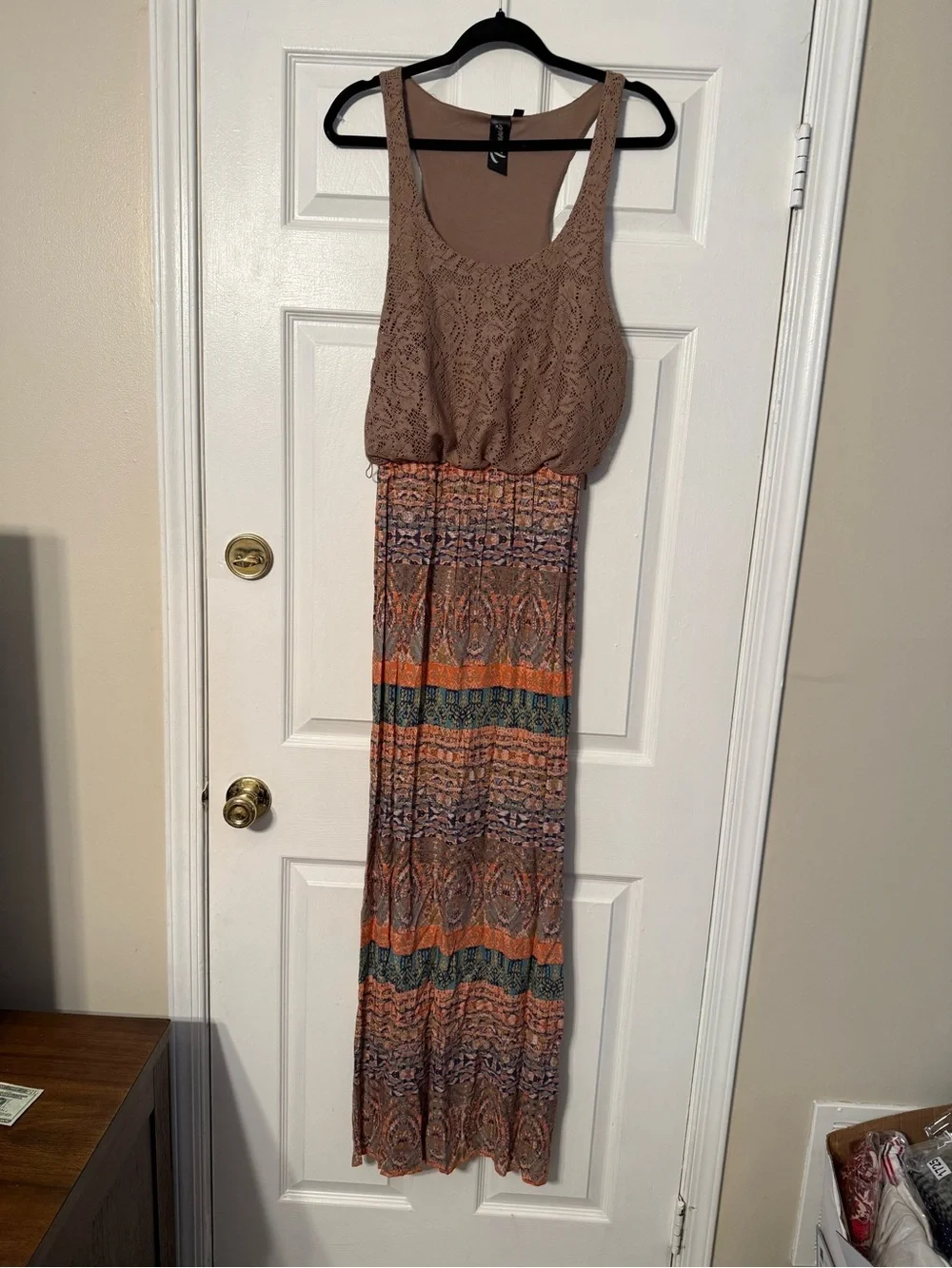 Trixxi Brown Lace Tank Maxi Dress with Orange & Green Pattern